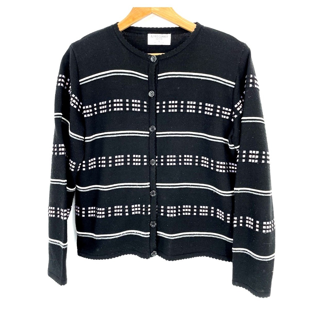 VTG ALFRED DUNNER LP Black W/Alternate Pink Stripes Cardigan Long Sleeve USA